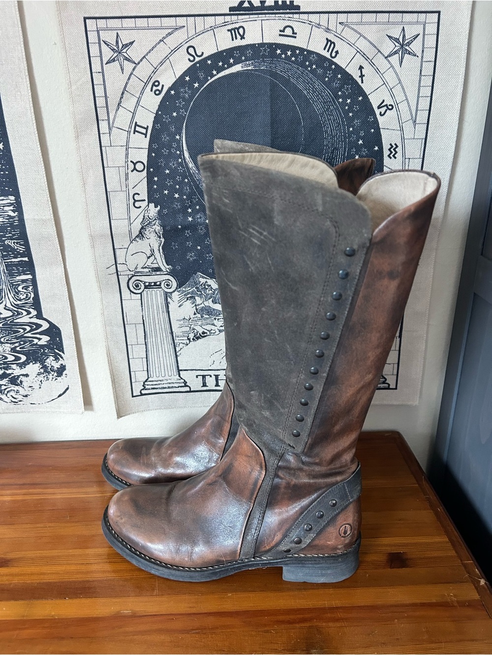 Casta Roma Taupe Tall Leather Riding Boots Distressed Moto Studded - Picture 5 of 9